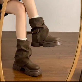 Retro Merad Quần Dày Giày Bốt Martin Giày Bốt Nữ PU Thu Đông Phong Cách Mới Ngón Chân Tròn Tay Thời Trang Bên Ngoài Chống Trơn Trượt Chống Mài Mòn Giữa Ống Boot