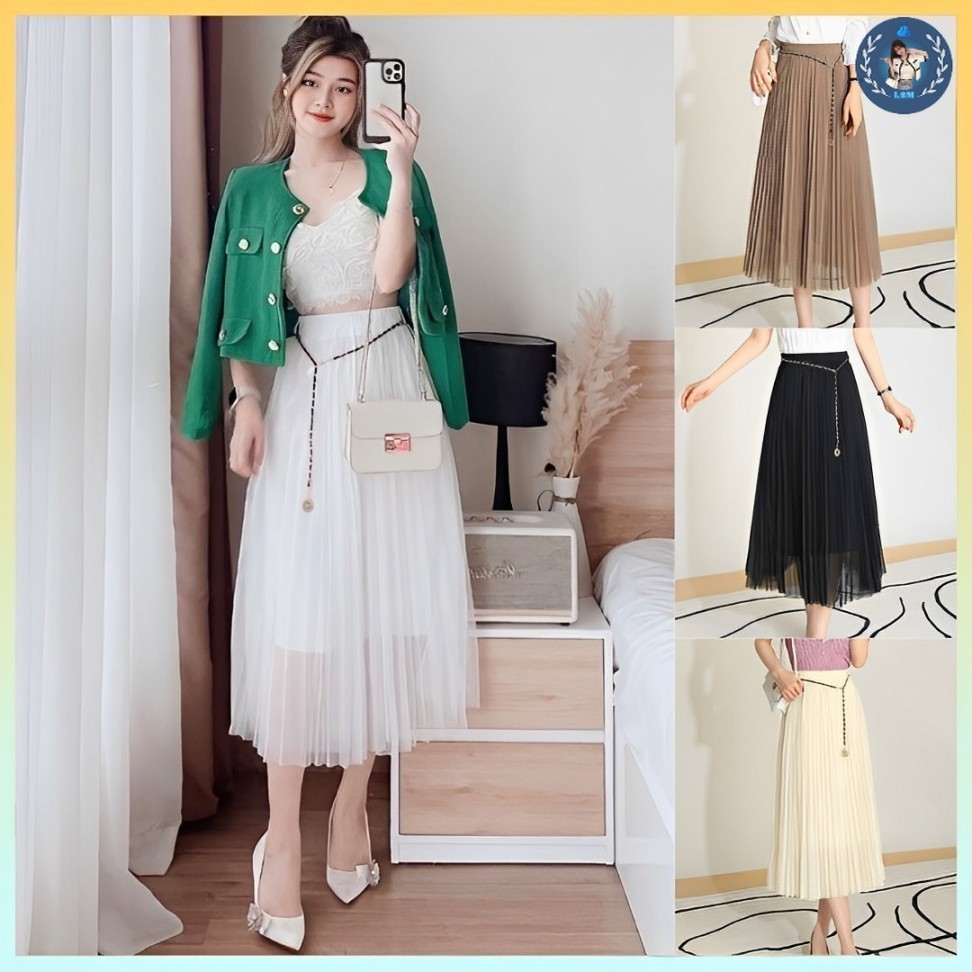 💥[Q071] Chân váy nữ midi XẾP LY kèm đai lưng MẮC XÍCH hàng Quảng Châu sang trọng - L2M