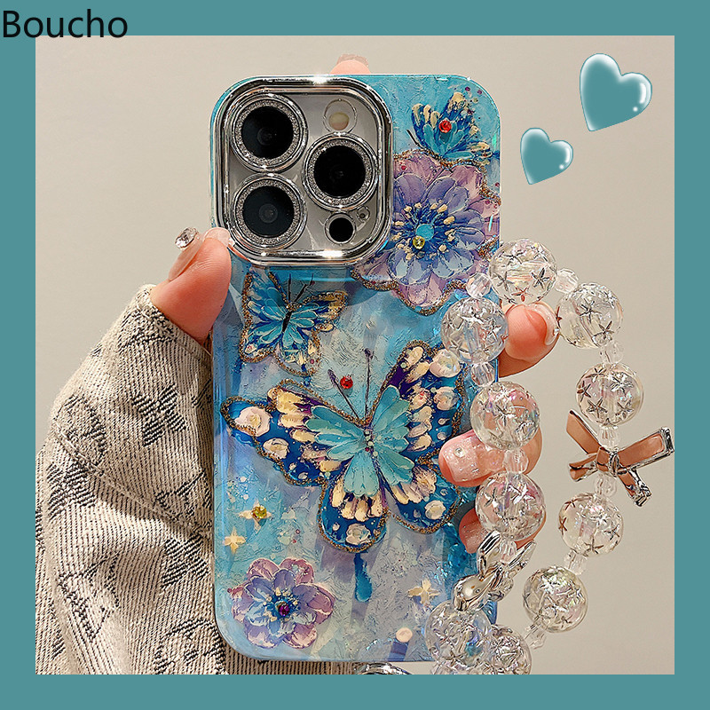 Dành Cho iPhone 15 Pro Max 14promax Tranh Sơn Dầu Thời Trang Màu Xanh Bướm Điện Thoại Có Dây Xích Cho iPhone 11 12 13 14 Pro Max Mềm IMD Chống Sốc Với Ống Kính Phim Mặt Sau