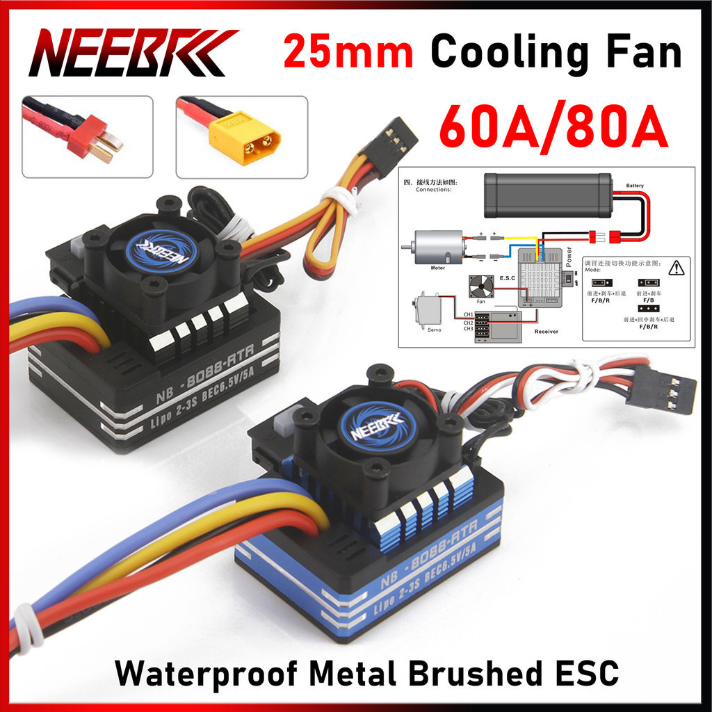 Neebrc 60A 80A Kim Loại Chống Thấm Nước Chải ESC 2-3S BEC 25mm RC Quạt Làm Mát Tản Nhiệt Cho 540 550