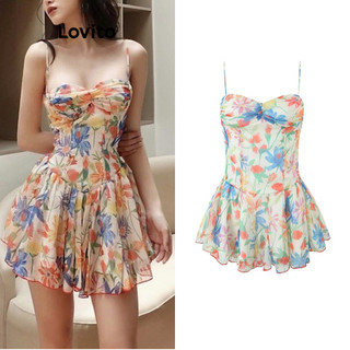 Đầm Lovito họa tiết hoa viền nhún bèo hai tầng phong cách thường ngày cho nữ LNE65373