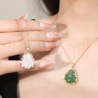 Vòng cổ Phật Maitreya mỉm cười bằng thủy tinh - Mặt dây chuyền Maitreya màu xanh lá cây, trắng - Dây chuyền thép titan - Quà tặng ý nghĩa Trang sức - Phụ kiện thời trang - để hạnh phúc, may mắn