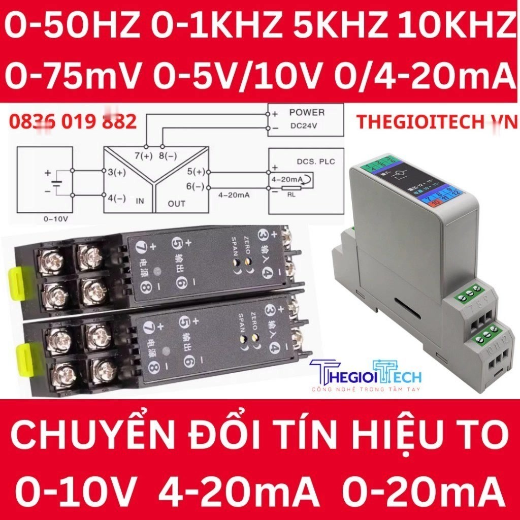 Bộ chuyển đổi tín hiệu, cách ly tín hiệu tần số xung, Analog 0-1KHz 50Hz 5KHz 10KHz 4-20mA 0 10V DC 