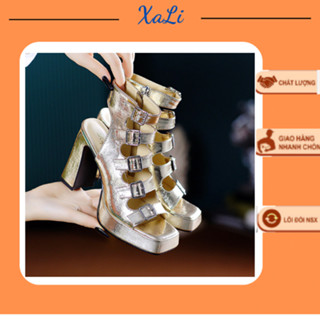 Giày Nữ XALI Độn Đế Gót Vuông Cao 9cm Bốt Rọ Cổ Ngắn Hở Mũi Khuy Nút Phong Cách Cá Tính Đi Tiệc Nhảy Da Mềm Êm - GBCT