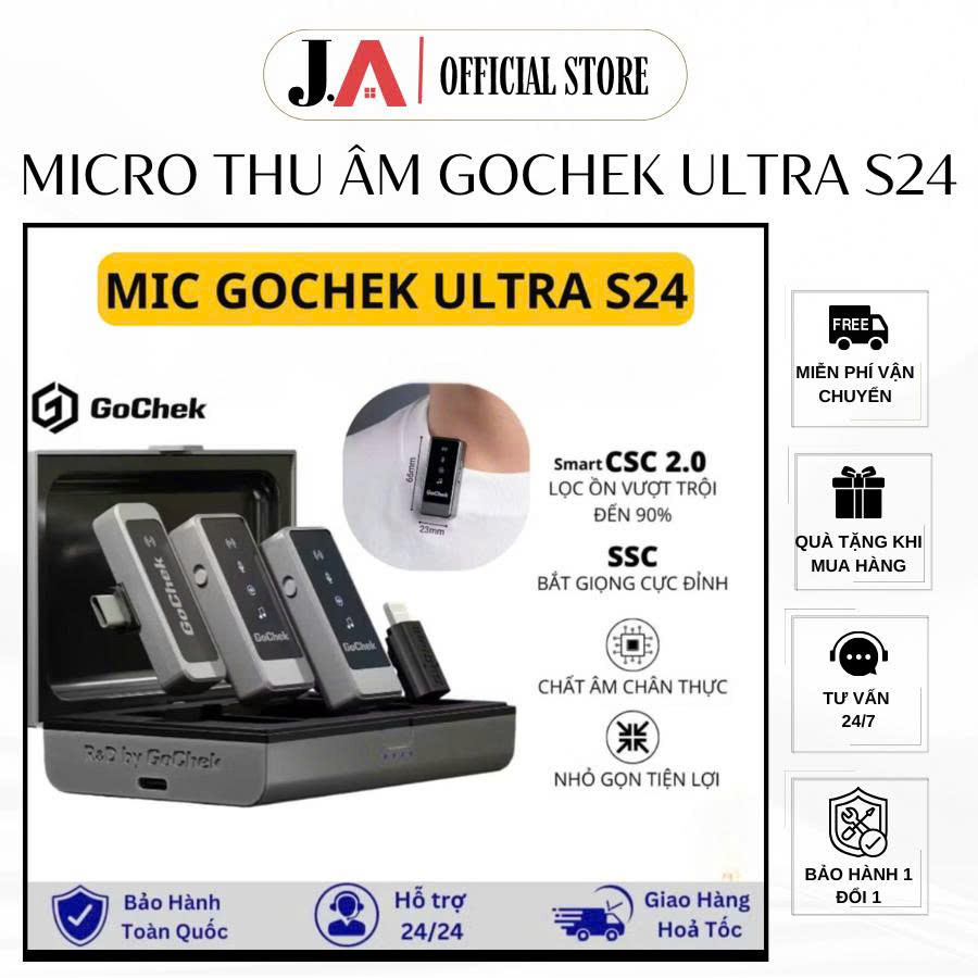Micro Thu Âm không dây GoChek Ultra S24 Chính Hãng,Tích hợp 2 chân cắm Lọc Tạp Âm Giảm Ồn Chuyên Ngh