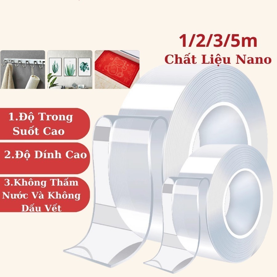 Băng Dính 2 Mặt Siêu Dính Trong Suốt Băng Keo Nano 3M 5M Dán Tường Đồ Dính Trên Mọi Bề Mặt