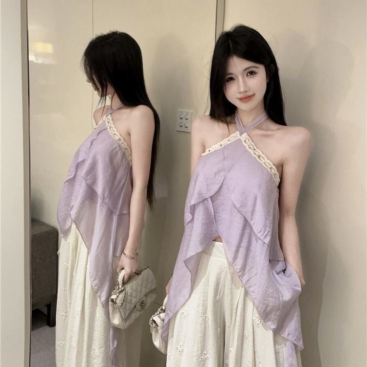 Thời Trang Pháp Mới Áo Ngắn Tay Màu Tím Cổ Thiết Kế Xếp Nếp Cho Nữ Mùa Hè Siêu Xinh Đẹp
