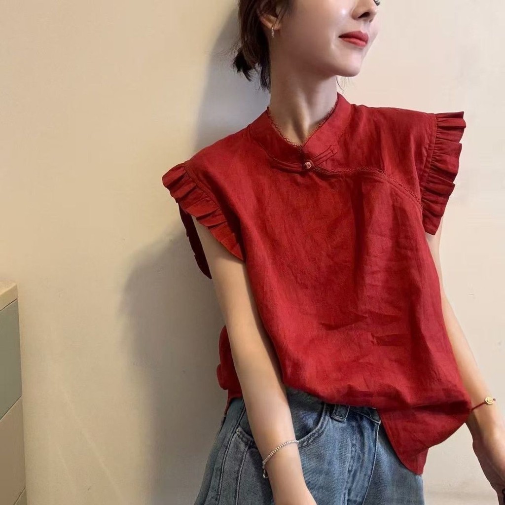 Áo Sơ Mi Tay Ngắn Cho Nữ Mùa Hè Mới Phối Ren Màu Sắc Đồng Nhất Phong Cách Trung Quốc | BigBuy360 - bigbuy360.vn
