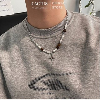  Dây Chuyền Mặt Ngọc Trai Màu Mắt Hổ Chữ T Cactus Accessories Thiết Kế Độc Đáo Cho Nam Vòng Cổ Thép Titan Không Gỉ 