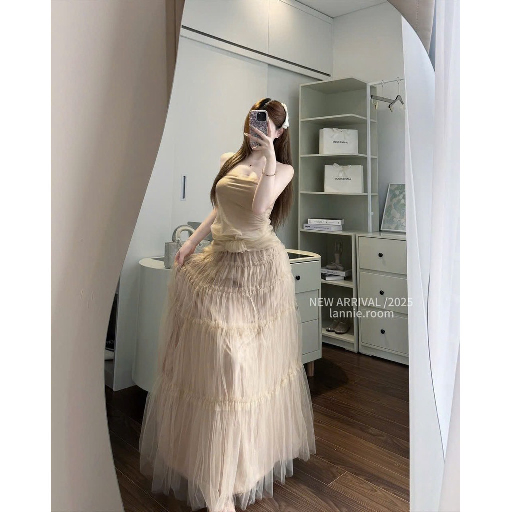 Set Bộ Áo Quây Lưới Phối Nơ Mix Chân Váy Dài Xoè, Set Áo Cúp Ngực Mix Cv Lưới Xoè Dáng Dài MINA