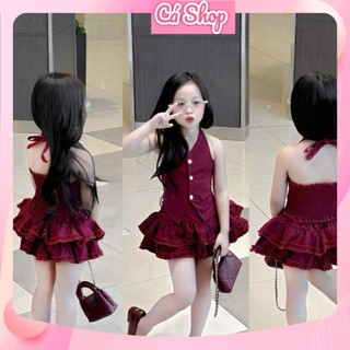 KH43, QT287, Set áo yếm vest chun lưng chân váy tầng cho bé gái