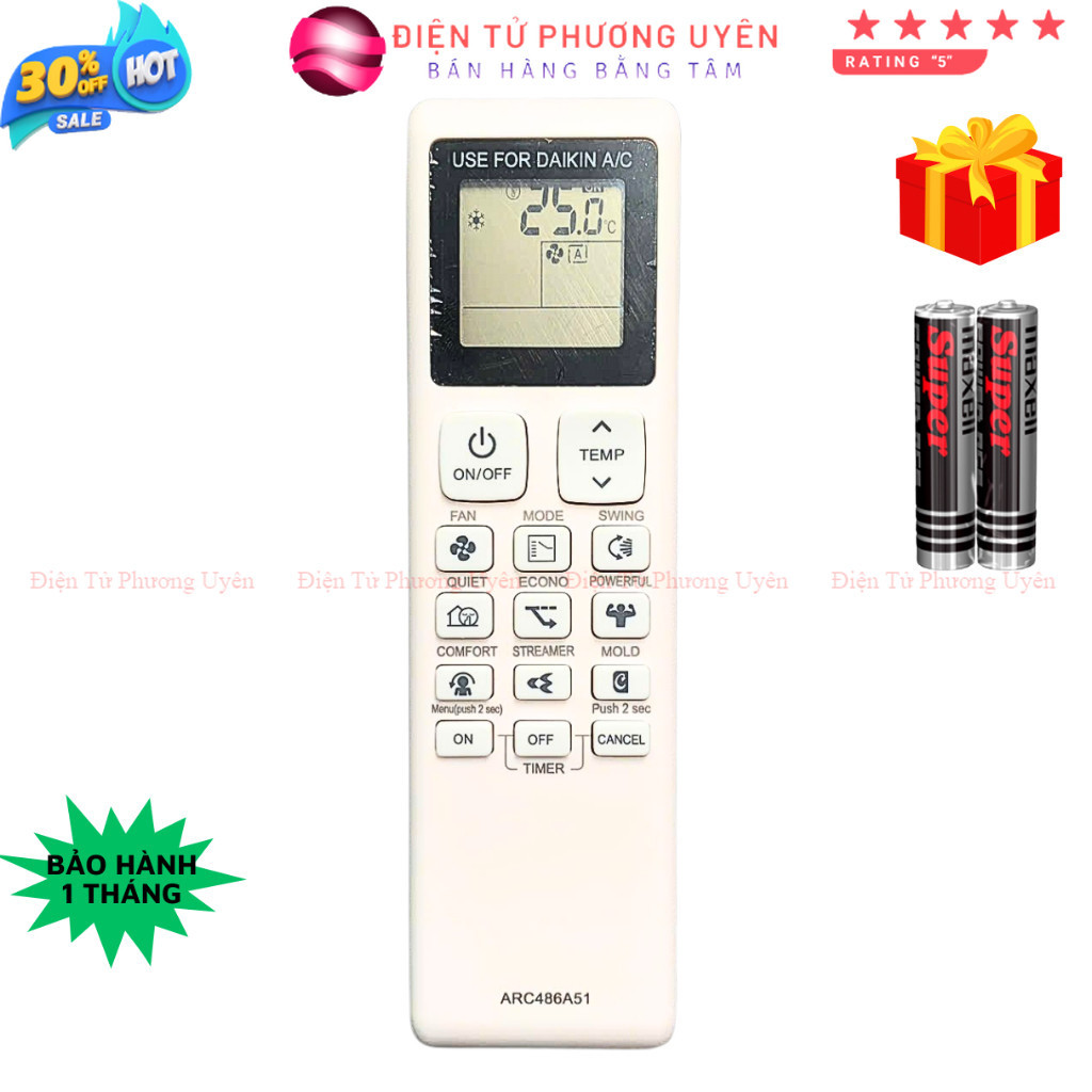Điều khiển điều hoà DAIKIN Mã 08 ARC486A51, remote máy lạnh DAIKIN - tặng pin - Điện Tử Phương Uyên