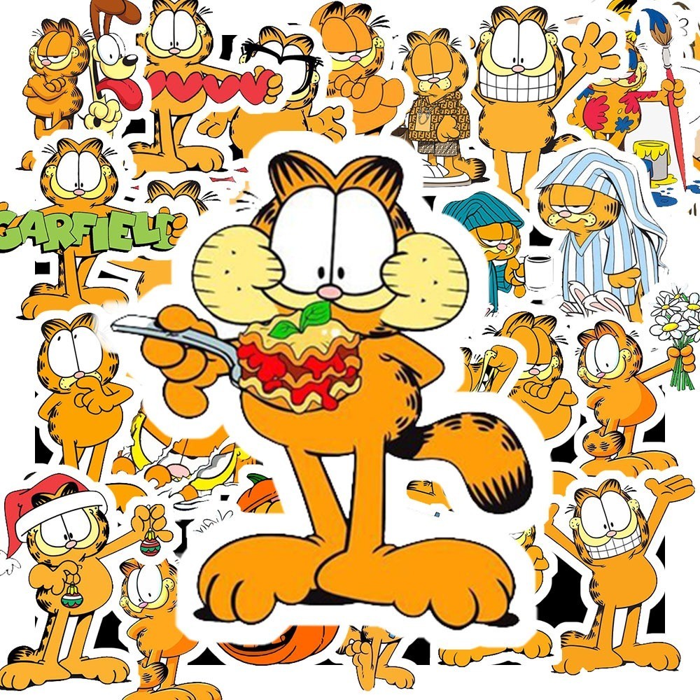 Hộp 50 Sticker Hình CHÚ MÈO BÁO GARFIELD Decal Trang Trí Xe, Điện Thoại, Laptop, Nón Bảo Hiểm Chống 