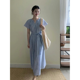 Suxi Retro Sọc Rời Ren Tay Ngắn Nữ Midi Dài 240716