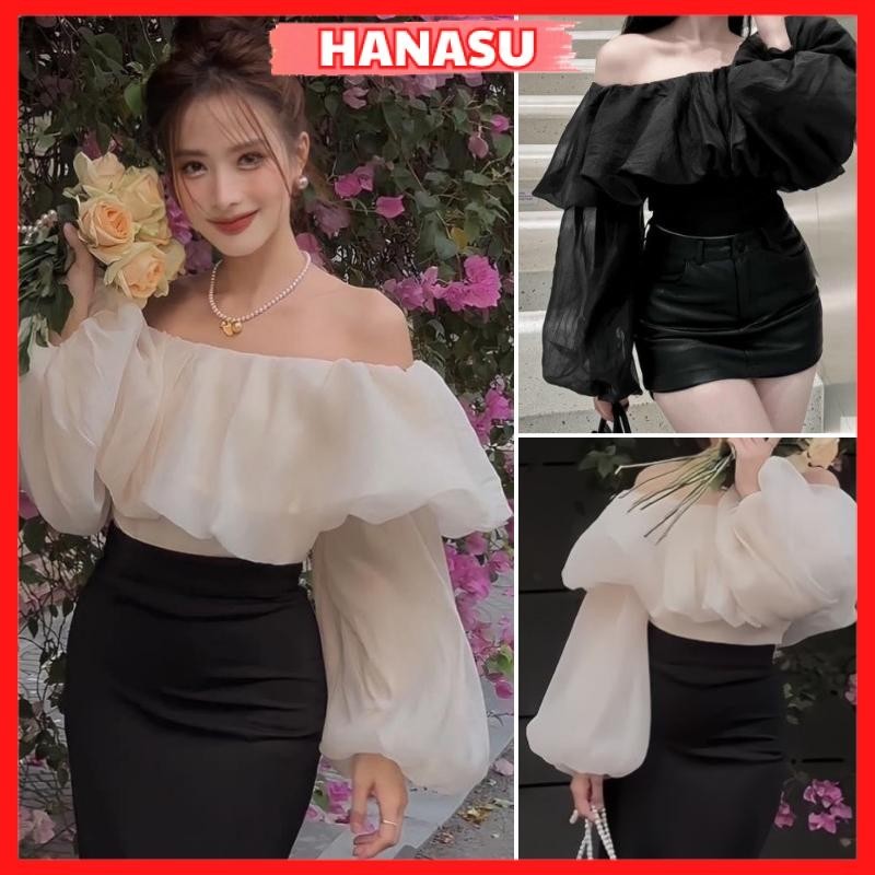  Áo tay bồng trễ vai chất liệu voan tơ áo croptop dài tay bánh bèo bẹt vai sang chảnh A919 HANASU 