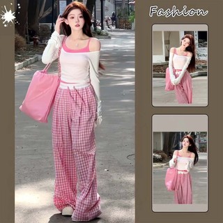 Áo Mới Xuân Hè Bộ áo chống nắng dài tay áo yếm bộ ba mảnh kẻ ca rô quần ống rộng cạp cao