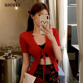 Gjcute Áo len cardigan cardigan ngắn tay cổ chữ V màu trơn phong cách Hàn Quốc mới dành cho nữ