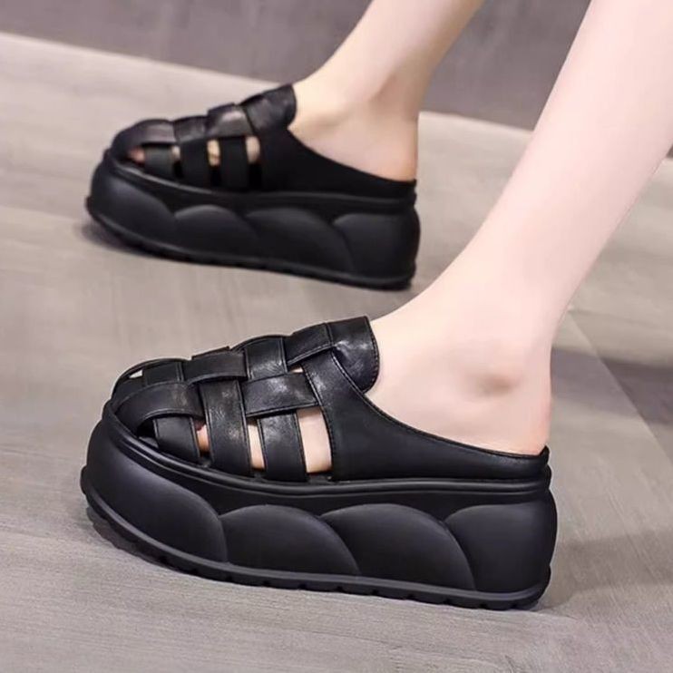 Dép Lê bít mũi dệt kim cho nữ đi bên ngoài Xăng đan La Mã Miệng nông đục lỗ dễ phối đế dày đế dày mẫu mới mùa hè 2024