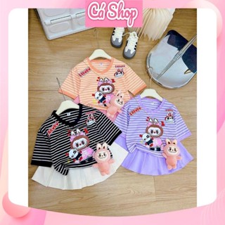 Xả Bộ quần áo bé gái HN824, set áo Labubu kẻ kèm chân váy bé gái
