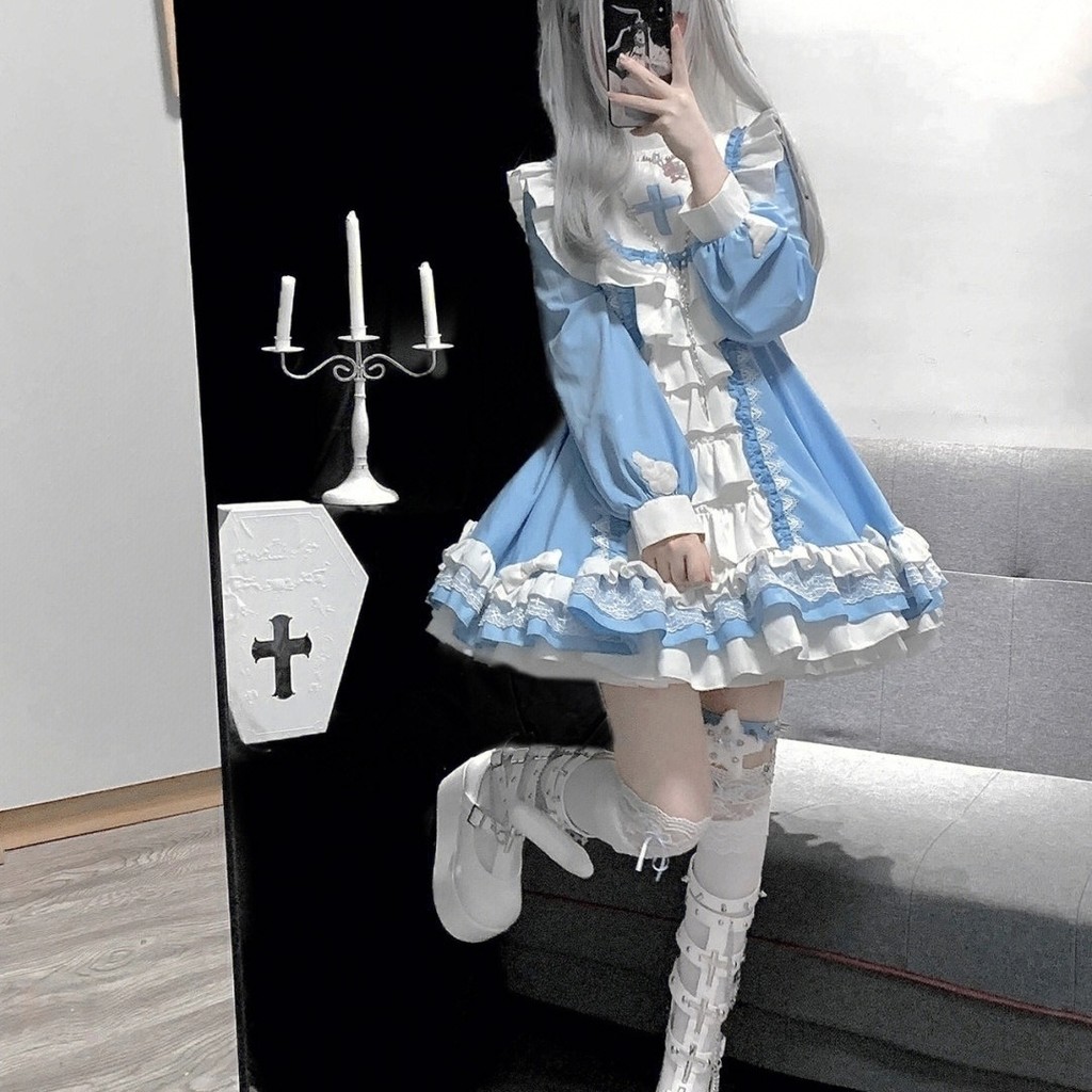 Đầm Gothic Lolita màu xanh trắng, phong cách hàng ngày dễ thương
