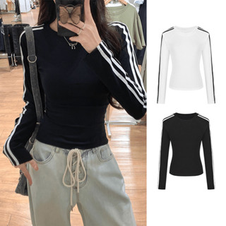 Kii Wii Áo thun nữ dài tay cổ tròn sọc Slim Fit phiên bản Hàn Quốc mới mùa thu 240906