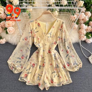 Jumpsuit Tay Phồng Cổ Chữ v Dáng Ôm In Họa Tiết Phong Cách Pháp Cổ Điển Thời Trang Cho Nữ
