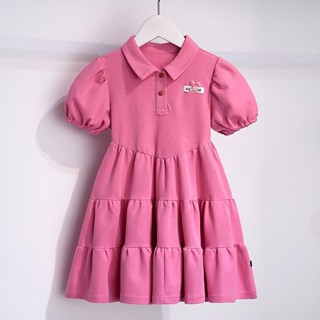 Váy mùa hè bé gái 3-14 tuổi, váy trẻ em, váy polo ngắn tay màu hồng phong cách đại học cho bé gái vừa và lớn