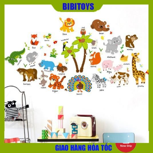 Decal dán tường vườn thú tiếng Anh 2 (2 cây dừa)