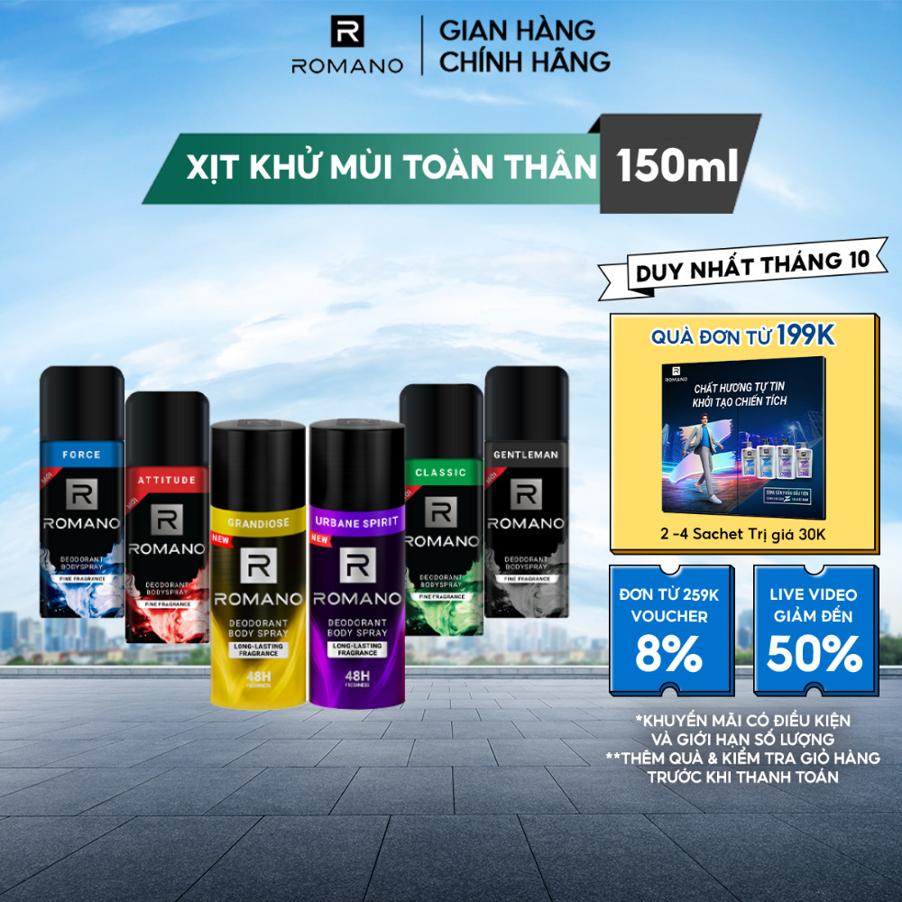 [MÙI HƯƠNG MỚI] Xịt khử mùi toàn thân ngăn mồ hôi và mùi cơ thể Romano 150ml - 6 mùi có sẵn
