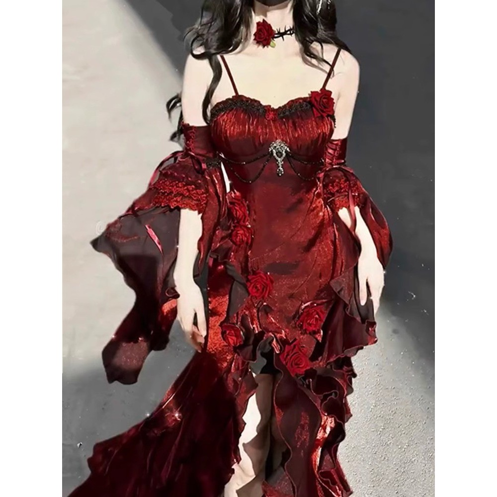 ✨Váy hoa hồng đỏ lolita Váy đuôi cá lolita Váy người lớn thanh lịch