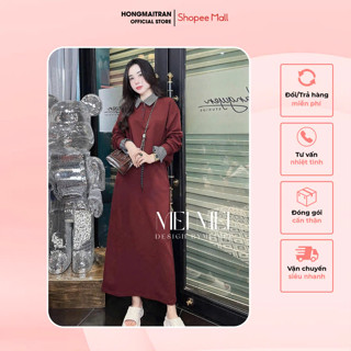  Set đồ nữ thu đông áo thun dài tay phối cổ caro mix chân váy dáng dài 2 màu đen đỏ cực xinh HONG MAI TRAN ST15927 