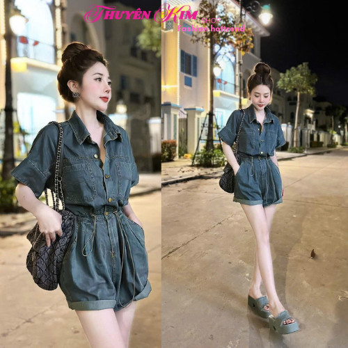 DX_ Set bộ jean, jump Jean Quảng châu cổ bẻ tay ngắn cài nút rút dây eo có túi