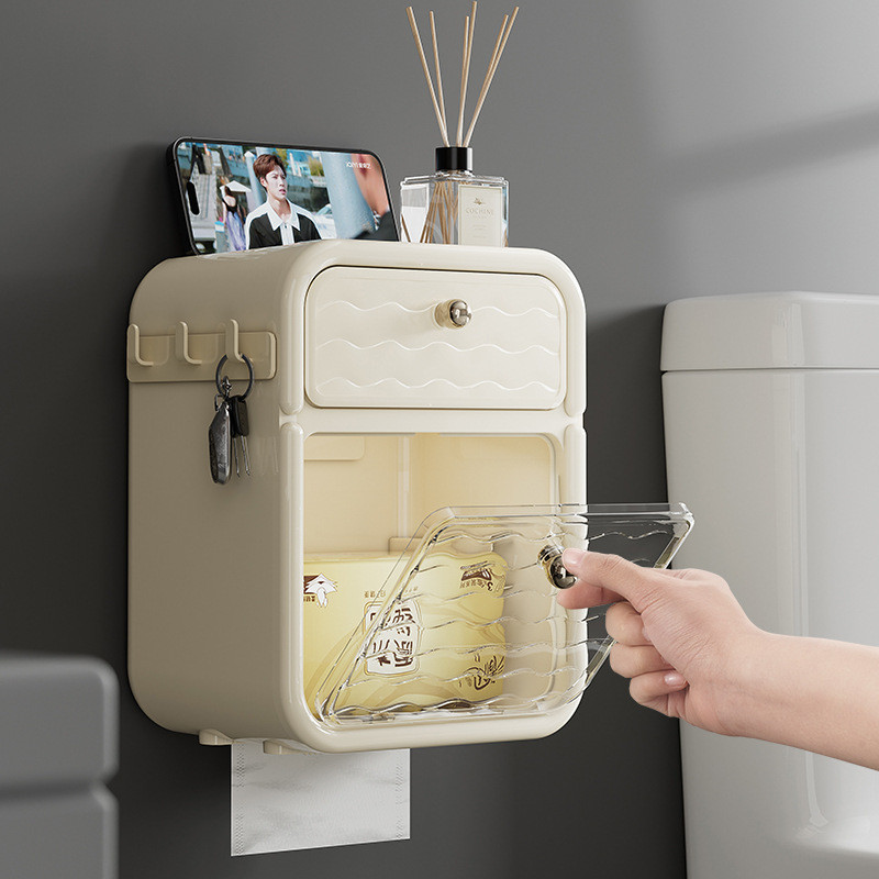 Punch-Free Toilet Tissue Box Waterproof High-End Creative Shelves Wall-Mounted Toilet Paper Holder W