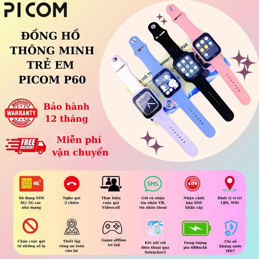 Đồng Hồ Thông Minh Smartwatch Picom P60 Định Vị Cho Trẻ Em Lắp Sim 4G Nghe Gọi Chống Nước Video Call