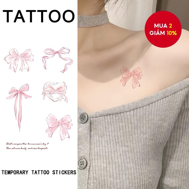 Hình xăm tạm thời - Nhãn dán thiết kế nơ hồng chống thấm nước, nghệ thuật cơ thể cánh tay cho nam và nữ