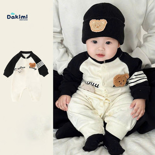 Bodysuit dài tay DAKIMI cho bé gái bé trai, Bộ dài tay đính gấu chất cotton mềm mịn,  Bộ liền thân cho bé 0-12M