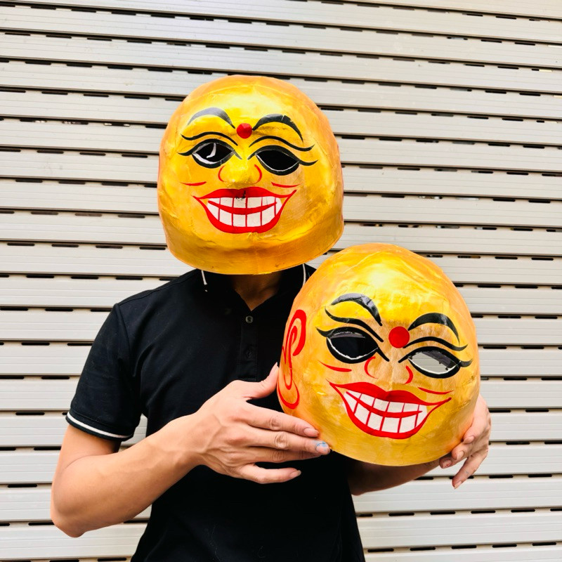 Mặt nạ ông địa trang trí,hoá trang trung thu,đạo cụ múa lân-loại nửa đầu mặt cam,tóc xanh