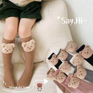 Tất Ngang Gối Chất Liệu Cotton Mềm Co Giãn In Họa Tiết Kẻ Sọc / Gấu Bông Dễ Thương Thời Trang Thu Đông Cho Bé Gái Từ 2-8 Tuổi
