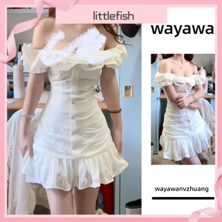 [Cá Nhỏ] Du Lịch Sang Trọng Mùa Hè Ngọt Ngào Ôm Hơn Tay Phồng Váy Trắng Một Vai Cô Gái Pure Desire Váy Ngắn