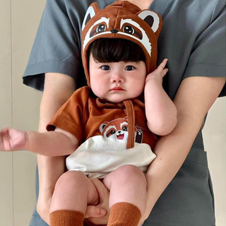 Raccoon ~ Áo liền quần trẻ em mới mùa hè Bộ áo liền quần hình gấu trúc dễ thương + mũ