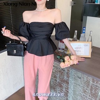 Xiang Nian Ni Phong Cách Pháp Tay Phồng lệch Vai Phong Cách Nhẹ Nhàng Và Tinh Khiết Eo-Tight Slim Fit Áo Sơ Mi