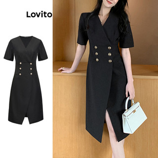 Đầm Lovito xẻ tà hai hàng nút màu trơn phong cách thanh lịch cho nữ L87ED340