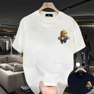 100% Cotton 2024 Mới Nam Thời Trang Mèo In Hình Plus Kích Thước Trắng Cơ Bản Áo Mùa Hè Mỏng Tay Ngắn Cổ Tròn Đen Áo Cho Nam S-5XL