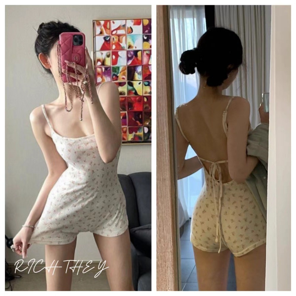 RICH-THEY Jumpsuit Hoa Nhí Nữ Bodysuit Set Đồ Liền Quần Hở Lưng Ôm Sát Buộc Dây Sexy Quyến Rũ