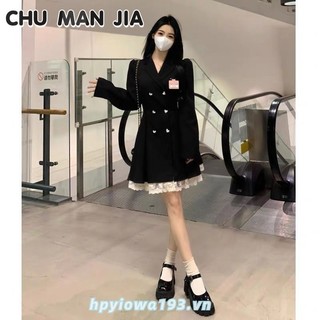 Chu MAN JIA Váy nữ Ngọt ngào và mát mẻ đơn giản nơ ren eo Váy chữ A nối ​​Váy midi thông thường