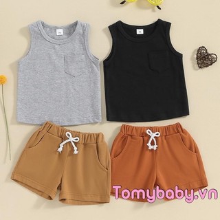 Bộ 2 Bộ Bé Trai Không Tay Áo + Quần Short Eo Co Giãn Trang Phục Mùa Hè