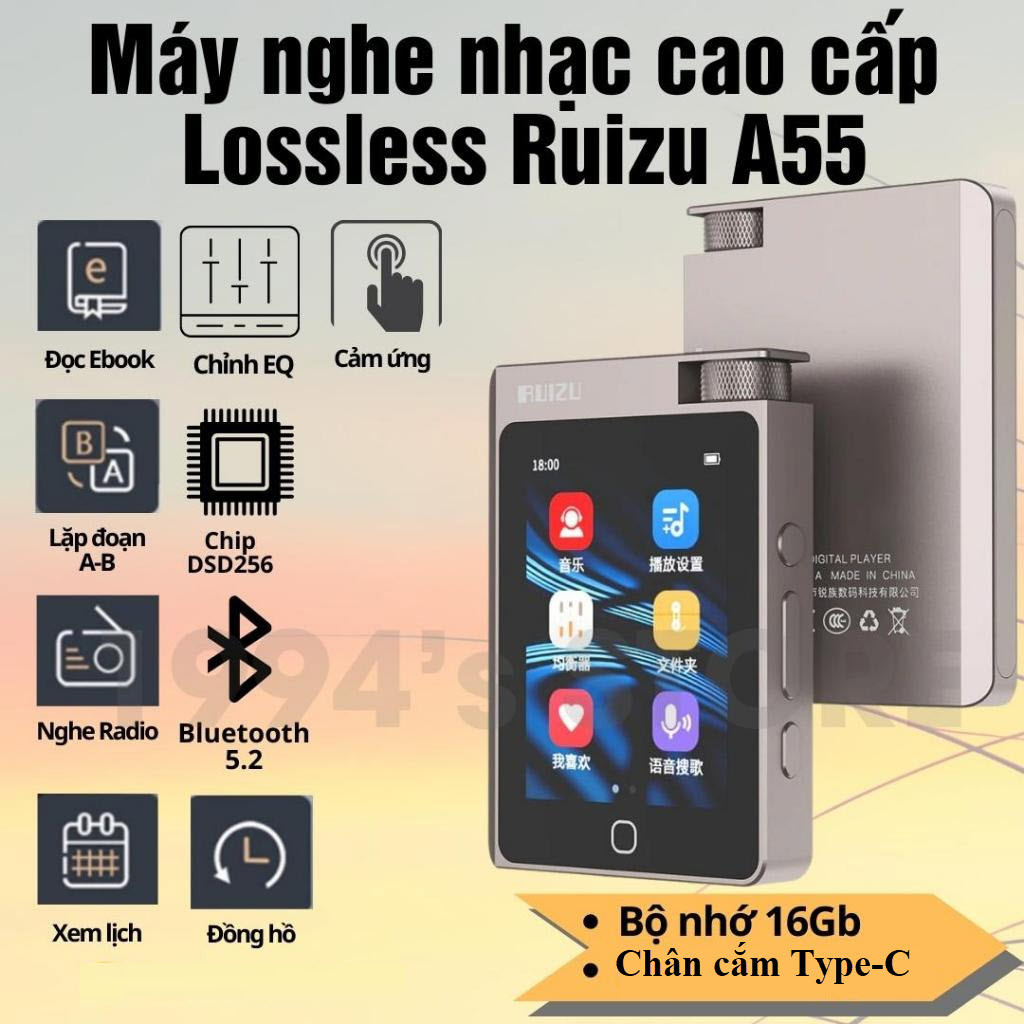 Ruizu A55 Bộ Nhớ Trong 16Gb Hỗ Trợ Chơi Nhạc DSD256 Nghe Nhạc HIFI Lossless Bluetooth 5.0, Điều Chỉn