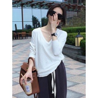 Jiashuchen Lớn v Cổ Trắng Mỏng Dài Tay Áo Thun Nữ Thu Đông Rời Cotton Nguyên Chất Bên Trong Đáy Áo Sơ Mi Mỏng Hơn Nhìn