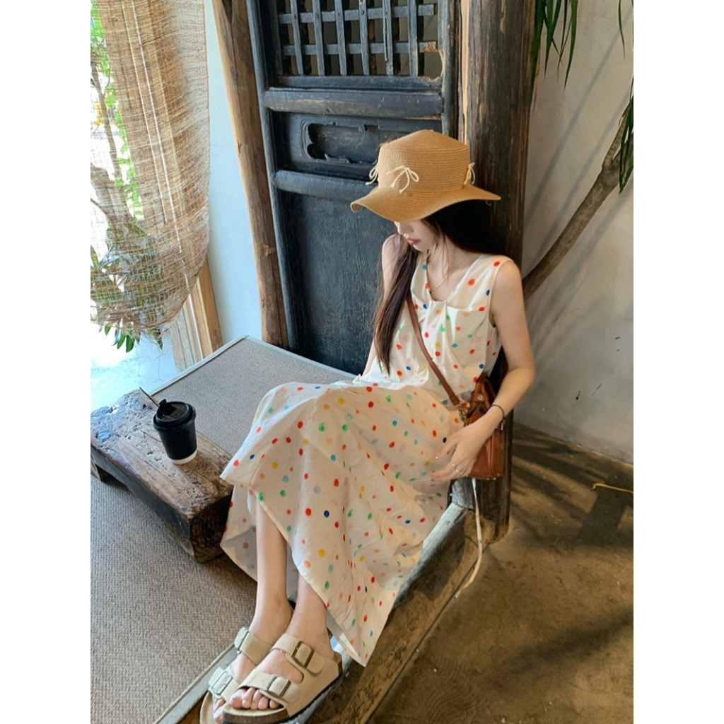 「MOTEL7」Đầm vải lanh Cotton chấm bi màu hoa đ