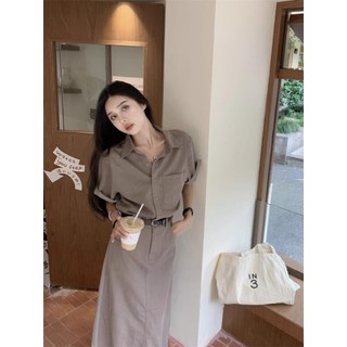 Váy Liền Quần Yếm Ngắn Tay Cổ Polo Khí Chất Cổ Điển Váy Dài Thường Ngày Tôn Dáng Gầy Một Hàng Cúc Cỡ Lớn